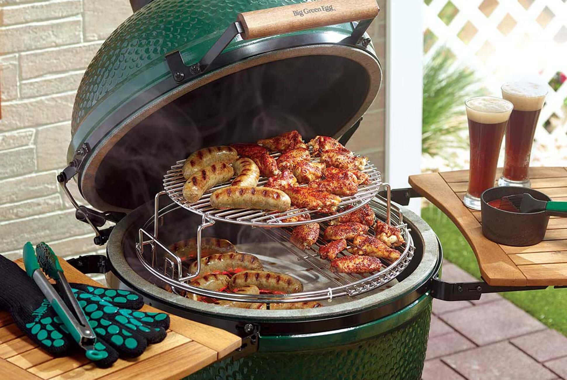 green egg grill with food
